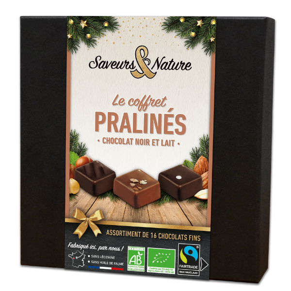 Coffret assortiment de 16 pralinés enrobés de chocolat noir et lait bio - 1